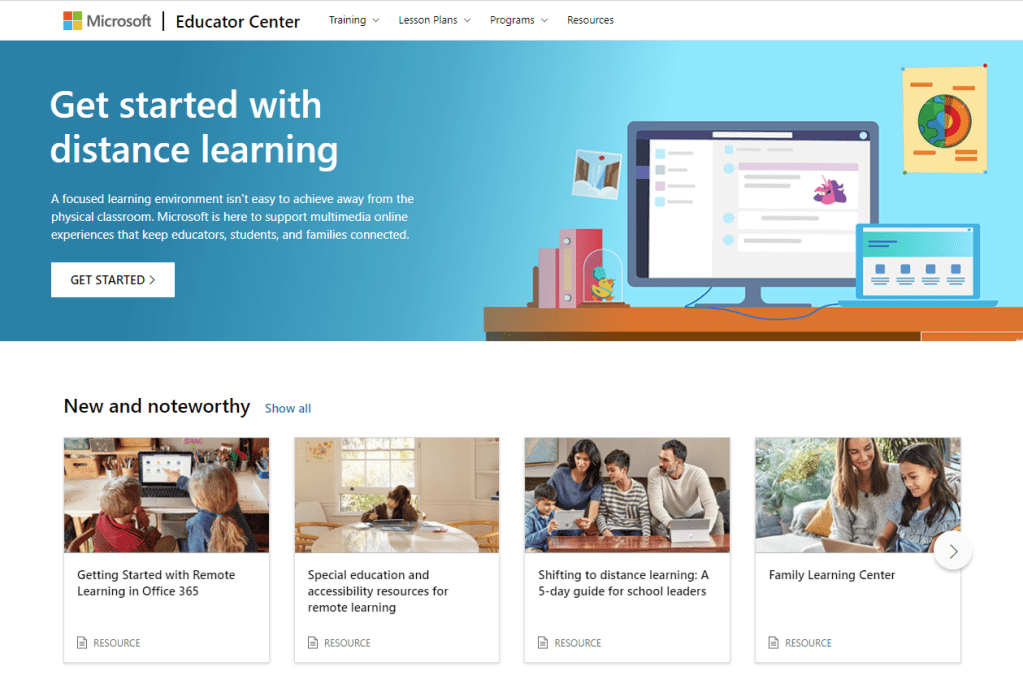 Screenshot of Microsoft educator center with courses listed